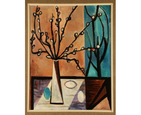 {André Ficus. 1919 Berlin - 1999 Friedrichshafen.} Sign. Verso (19)59 dat. Weidenkätzchen in Vase. Öl/Lwd. 80 x 70 cm. R