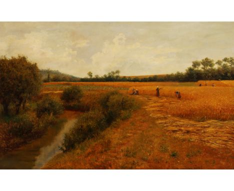 {Julius Kornbeck. 1839 Winnenden - 1920 Oberensingen.} Sign. Erntelandschaft mit Landarbeitern auf Kornfeld. Öl/Lwd. 80 x 140