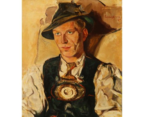 {Edward Cucuel. 1875 San Francisco - 1954 Pasadena.} Sign. und (19)49 dat. Brustbild eines jungen Mannes in bayerischer Trach