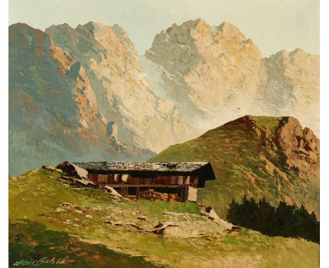 {Georg Arnold-Graboné. 1896 München - 1982 Starnberg.} Sign. Hochgebirgslandschaft mit Bauernhof. Öl/Lwd. 70 x 80 cm. R