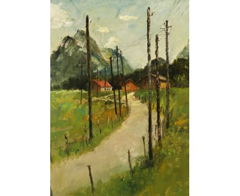 {Hubert Dietrich. 1930 Mellau - 2006 Wien.} Sign.und (19)85 dat. Straße im Bregenzerwald. Öl/Lwd. 54 x 40 cm. R