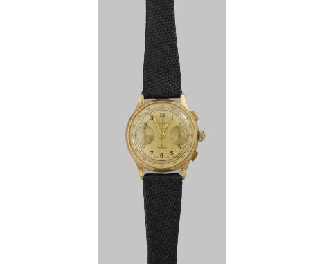 {Goldene Arlea-Herrenarmbanduhr, sog. Chronometer.} 18 ct. Glattes Gehäuse. Goldfarbenes Zifferblatt. Zentrale Stoppsekunde, 