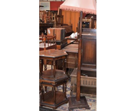 A pair of 20th century oak hexagonal two-tier occasional tables; a similar floor standing lamp; a Priory style sewing table; 