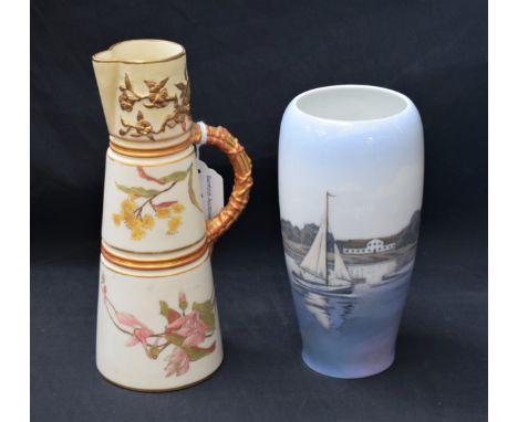 A Royal Copenhagen tapering cylindrical vase, decorated with sailing boat and coastal estuary scene, no.4468, 17cm high; a Ro