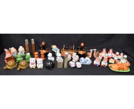 Novelty salt and pepper pots including Goebel, Cornish pottery, animals, etc