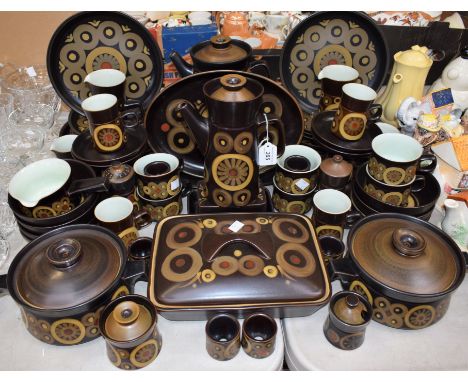 A Denby Arabesque pattern dinner and coffee service, for six, including dinner plates, side plates, bowls, meat plate, lidded