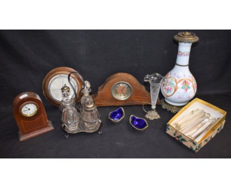 A Continental ceramic and gilt metal table lamp base, hand painted with flowers; an EPNS cruet set; lustre droplets, and Art 