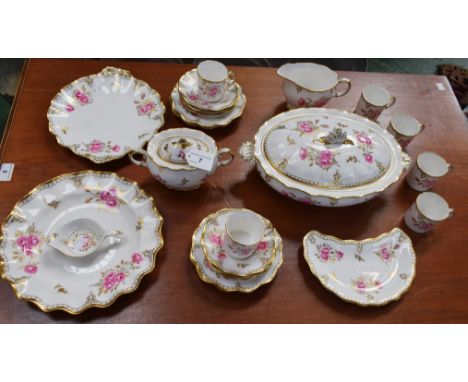 A Royal Crown Derby Royal Pinxton Roses part dinner and tea set including oval tureen and cover, sauce boat, crescent dish, c