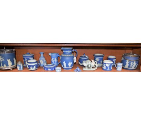 Wedgwood - a Victorian dark blue Jasperware and EPNS mounted jar and cover; another, tea caddy, trinket box and cover, jug; e