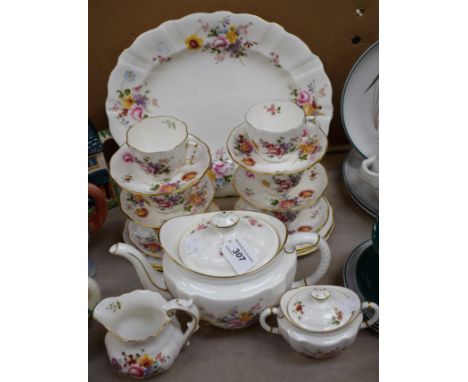 Royal Crown Derby - a Posies pattern six setting tea set including oval sandwich platter, large teapot, six cups and saucers,