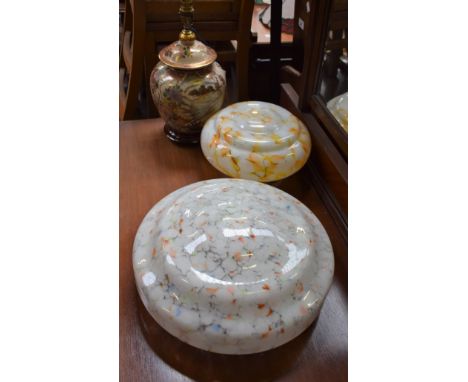 Lighting - an early/mid 20th Century mottled glass ceiling light, chain suspension; another similar; an Oriental style table 