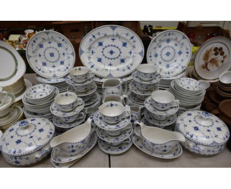 A comprehensive Furnivals Denmark pattern part dinner service, comprising dinner plates, side plates, dessert bowls, fruit bo
