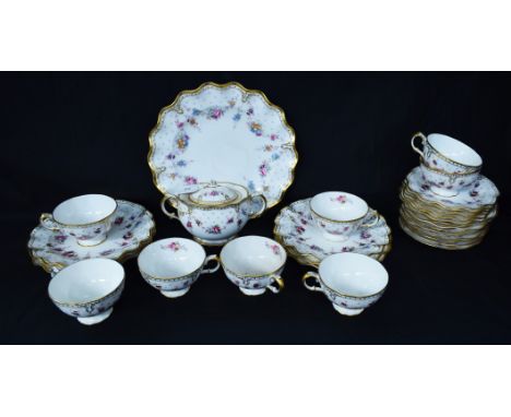 A Royal Crown Derby Royal Antoinette pattern part tea set including sugar bowl, cups, side plates, saucers, bread and butter 