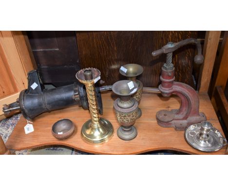 Metalware - a cast iron garden pump clamp; pair of Eastern brass vases, etc; an oak firescreen (8)