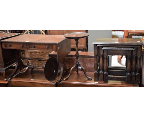 A mid 20th century nest of tables; a 20th century "sofa" table coffee table; a pair of mahogany torchère wine tables (4)