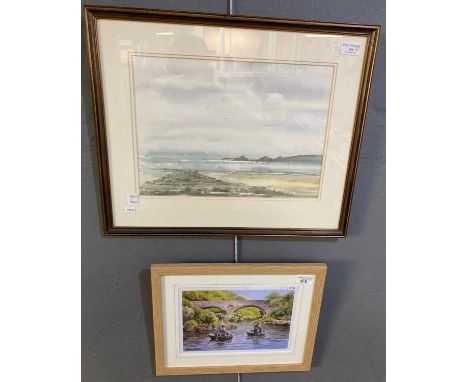 After Graham Hadlow, Curricle men at Cenarth, coloured print. 17x26cm approx. Framed. Together with a framed watercolour of M