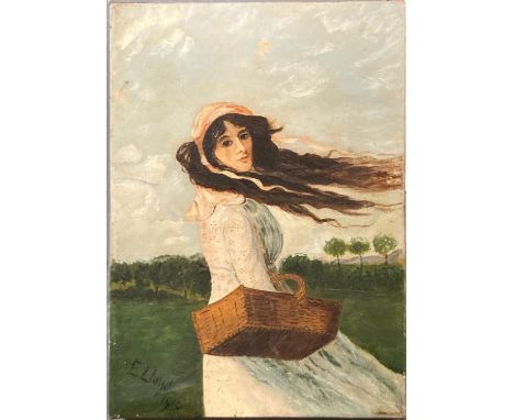 E Lloyd (British early 20th century), portrait of a young girl with wind swept hair, signed dated 1912.  Oils on canvas.  35x