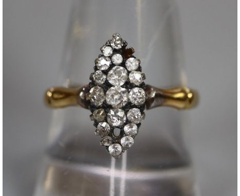 18ct gold diamond and white stone set marquise shaped dress ring (2 stones missing).  3.3g. approx.  ring size Q.   (B.P. 21%