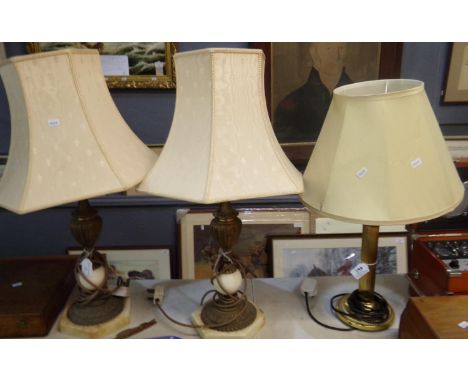 Pair of gilt finish classical design alabaster table lamps with shades, together with another modern brass table lamp with sh