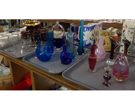 Three trays of mainly glassware to include: various vases; Swedish glass, coloured glass, Murano style, cranberry glass, Cait