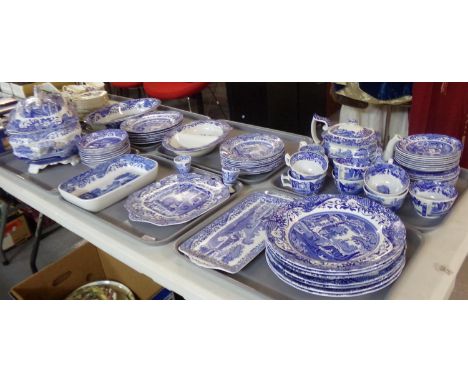 Six trays of Spode 'Italian' dinner ware: seven dinner plates, seven side plates, eight shallow bowls, a selection of tea pla