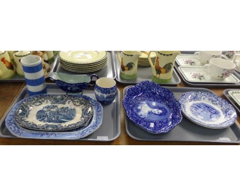 Two trays of blue and white china to include: Staffordshire pottery dish with portrait of a lady, two Swansea Evans & Glasson