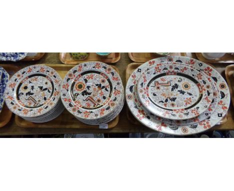 Four trays of china: two trays of Ashworth Bros real ironstone 'Japan' design plates and oval meat plates, with printed and i
