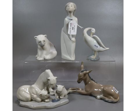 Collection of Lladro Spanish porcelain animals, to include: polar bear, donkey, polar bear group etc, together with a Lladro 