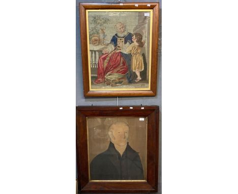 Berlin wool work panel of a child with King, 62x48cm approx.  Together with a 19th century portrait of a gentleman, watercolo