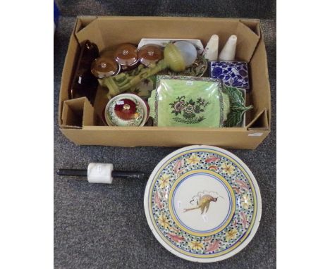 Box of assorted items to include: bird and abstract design tin glaze charger, marble rolling pin, Royal Bradwell lustre dish,