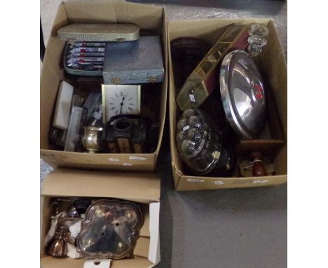 Two boxes of assorted items: cased set of six silver plate teaspoons with tea strainer, cased fish knives and forks with simu