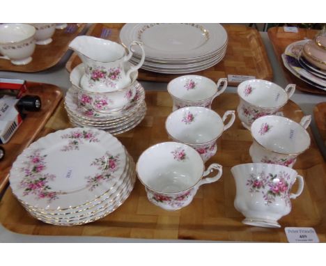 Tray or Royal Albert ‘Lavender Rose’ part tea ware: six tea cups, saucers, tea plates, milk jug and sugar basin. 
