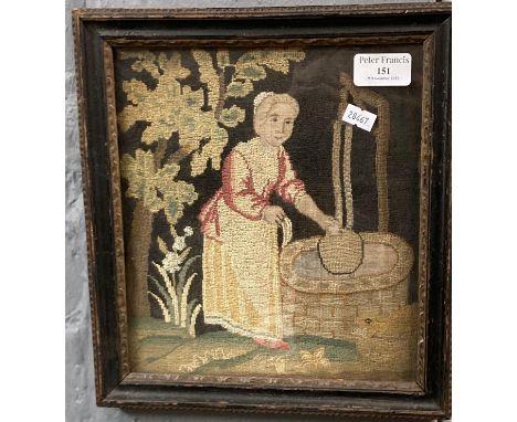 19th century needlepoint tapestry panel, lady at a well.  24x21cm approx.  Framed.  (B.P. 21% + VAT) 