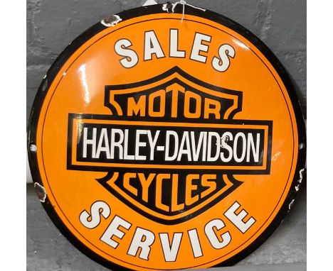 Vintage circular enamelled metal convex sign, 'Harley Davidson Motorcycles, Sales and Service'. 30cm diameter approx. (B.P. 2