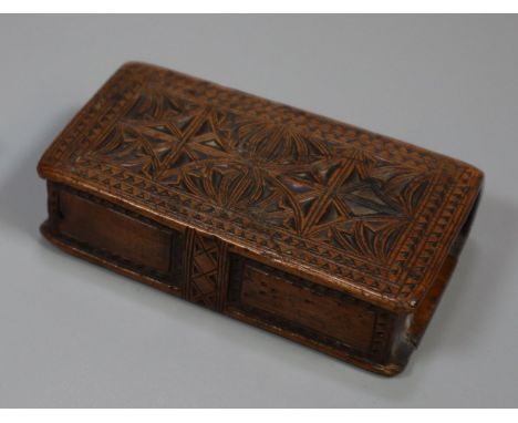 19th century carved sycamore snuff box with carved decoration and sliding lid. (B.P. 21% + VAT)