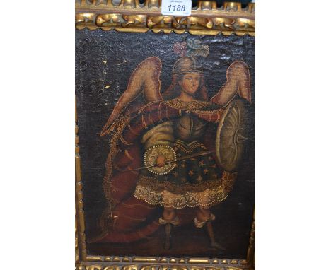 20th Century oil on canvas, portrait of St. Michael, 15ins x 11ins, housed in a carved giltwood frame