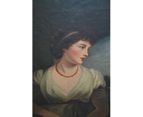 19th Century oil on canvas, portrait of a lady in a moonlit landscape wearing a coral necklace, 18ins x 16ins
