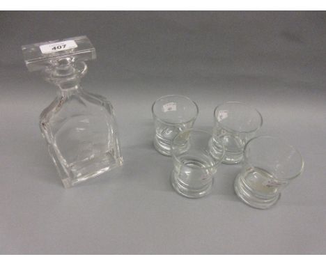 Modern etched glass decanter decorated with a sailing boat together with a set of four similar glasses