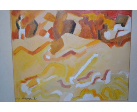 Box containing a quantity of various abstract oil, mixed media and other paintings, signed Eric Waugh, Guy Roddon and others
