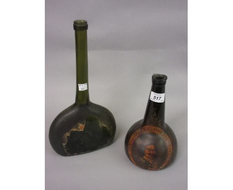 Antique Dutch glass mallet shaped bottle with painted decoration depicting a portrait, inscribed Yan Van Galen Kommandeur tog