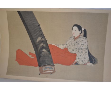 Folder containing six unframed Japanese prints, portrait, floral and other scenes