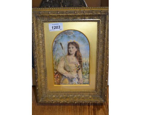 Small 19th Century overpainted print on ivorine, half length portrait of a girl, housed in an arched mount, 6.5ins x 4ins, gi