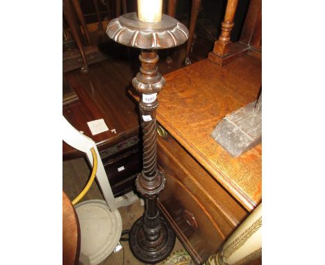 20th Century turned and carved mahogany standard lamp with cream damask shade