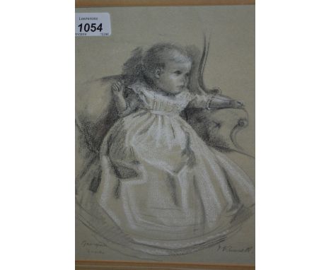 Margot Russell, charcoal and chalk sketch of a young child in a Christening gown, signed