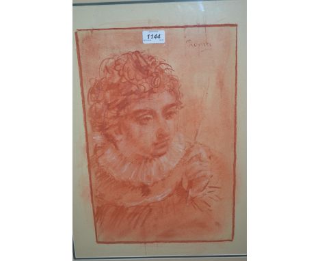 Red chalk drawing highlighted with white, portrait of a young man with a white ruff collar, inscribed ' Roma ', 16.5ins x 11i