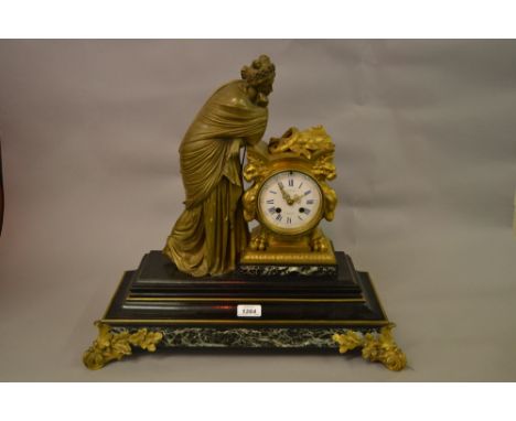 Mid 19th Century ormolu figural mantel clock, the eight day movement signed Causard a Paris, the black slate and green marble