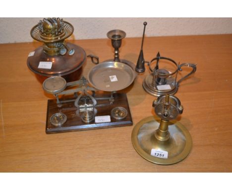 Early 20th Century brass cigar cutter / matchstriker in the form of a ships engine regulator, pair of balance scales with wei