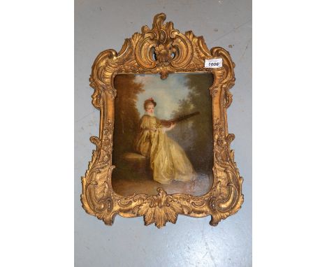 19th Century oil on panel, portrait of a young lady with a lute seated in a landscape, ornate gilt framed CONDITION REPORT 18
