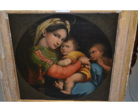 An antique oil on canvas, portrait of the Madonna and child with the infant John the Baptist, 12ins x 12ins