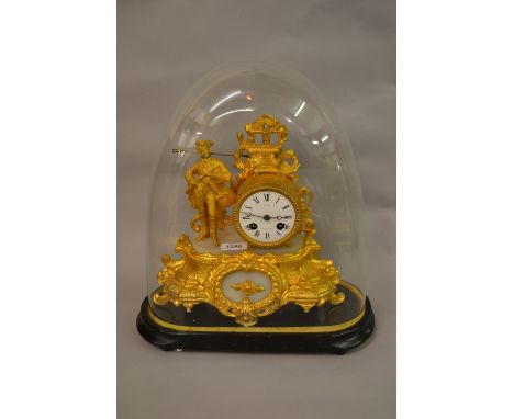 Gilt metal figural mantel clock in the form of a huntsman, the dial signed Prat a Chinon, beneath a glass dome